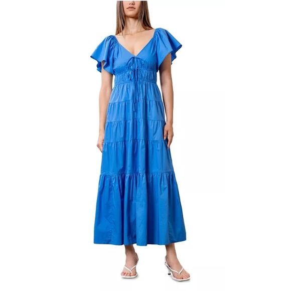MOON RIVER WOMENS SIZE XSMALL V-NECK COTTON TIERED MIDI DRESS BLUE NEW - Picture 1 of 12
